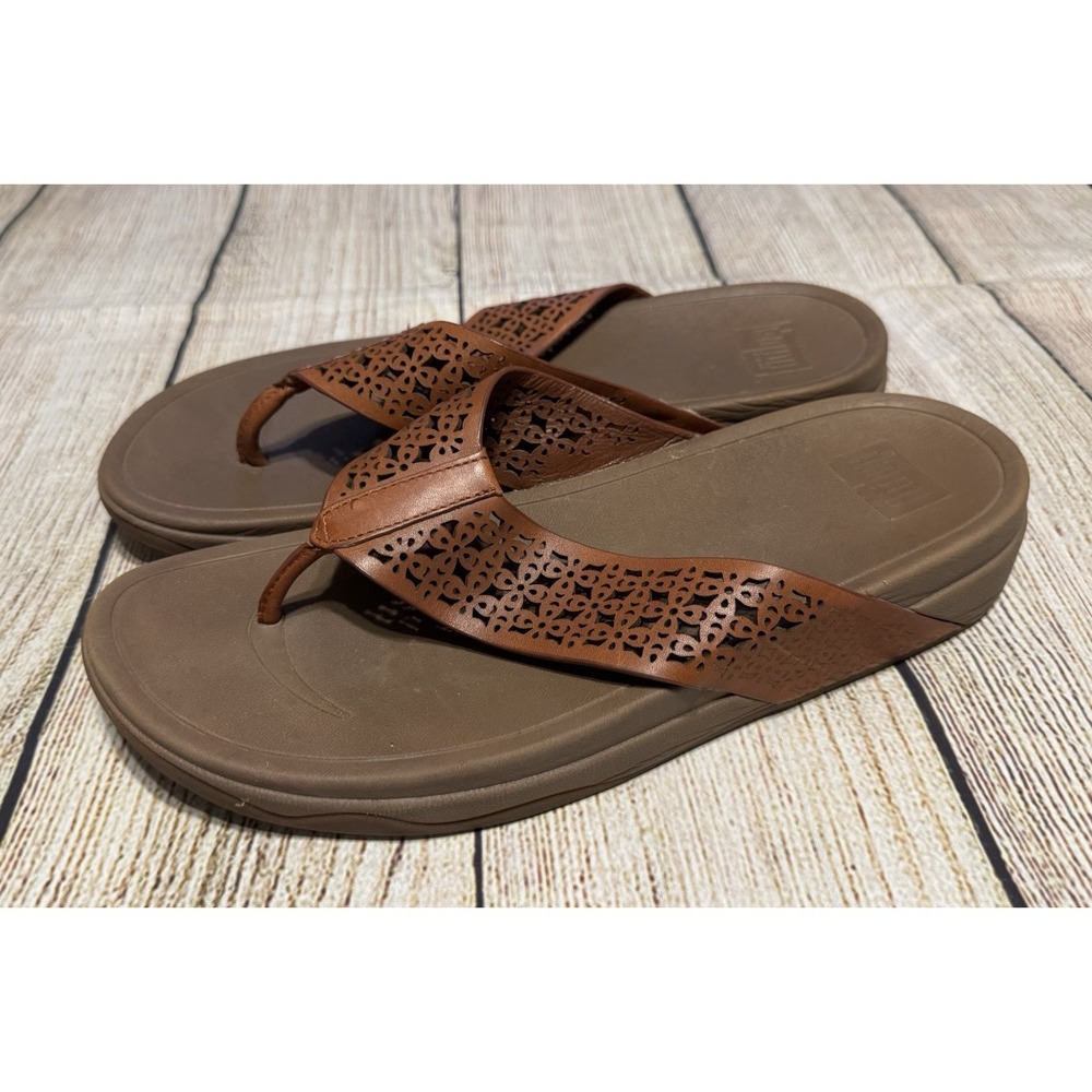 Wmns Fit Flops Laser Cut Out Tan Brown Leather Sandals Fitflops Sz 11 US 43 EUR - Picture 3 of 5